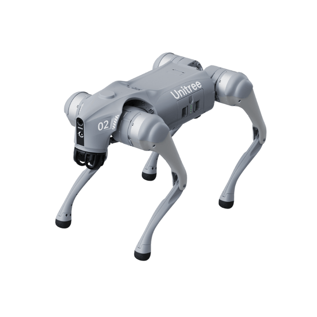 Unitree Go2 Roboterhund in schräger Seitenansicht für agile Inspektion in Industrieumgebungen