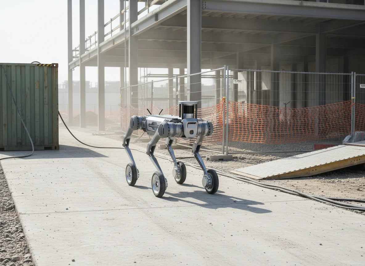 Unitree B2-W Roboterhund bei der autonomen Infrastrukturkontrolle und Bauüberwachung auf unwegsamem Gelände.