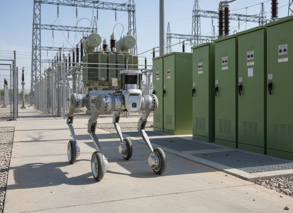 Autonomer Inspektionsroboter Unitree B2-W bei der thermischen Überprüfung und Technikbegehung einer Energieanlage.