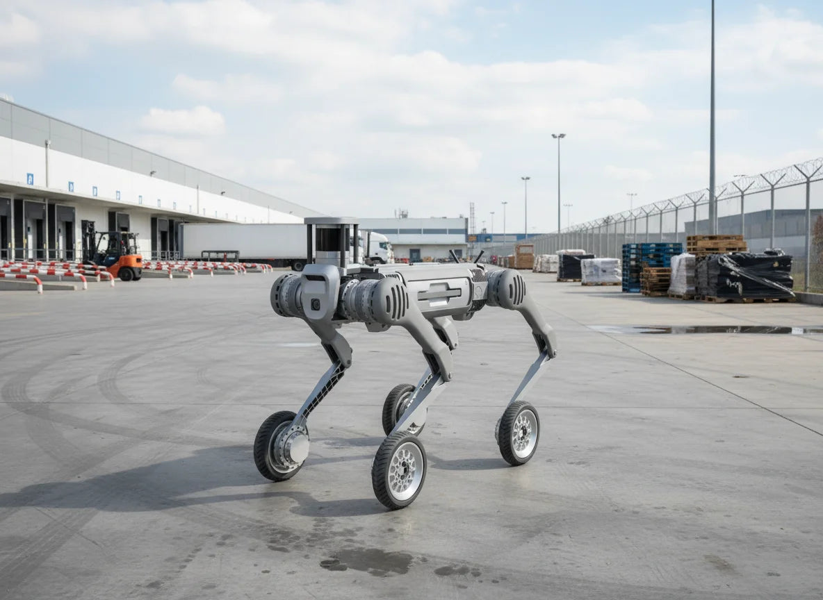 Unitree B2-W Roboterhund zur Logistiküberwachung und Objektsicherung in industriellen Außenbereichen.