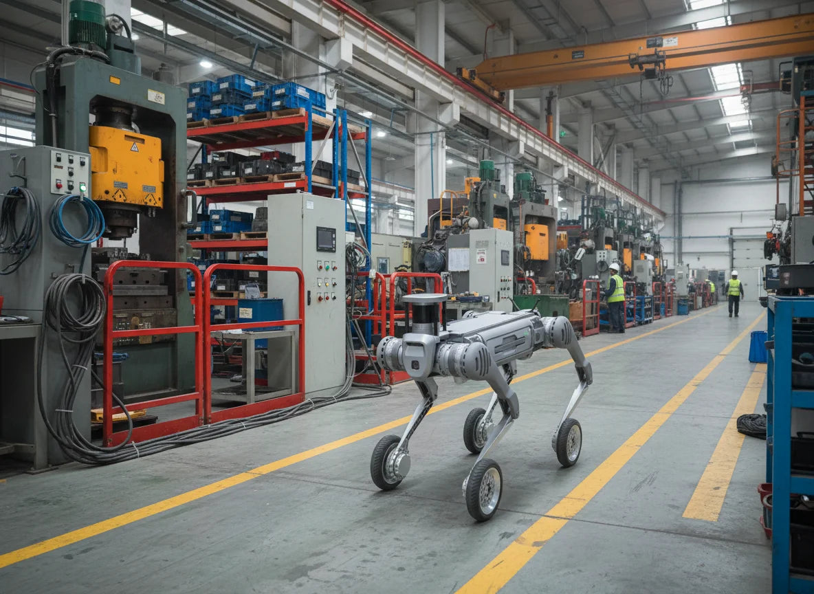 Robuster Unitree B2-W Industrieroboter bei der automatisierten Anlageninspektion in der Schwerindustrie.