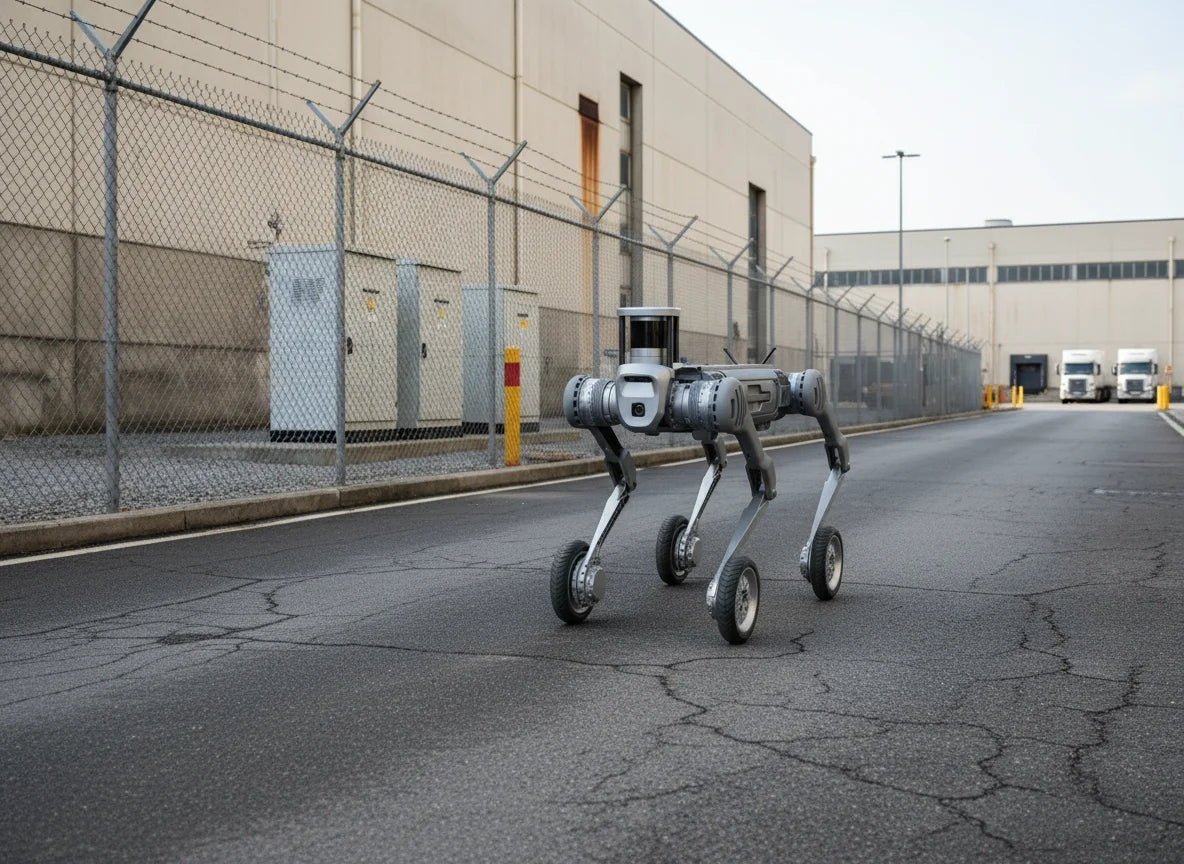 Unitree B2-W bei einem automatisierten Sicherheitsrundgang zur Überwachung eines weitläufigen Werksgeländes.
