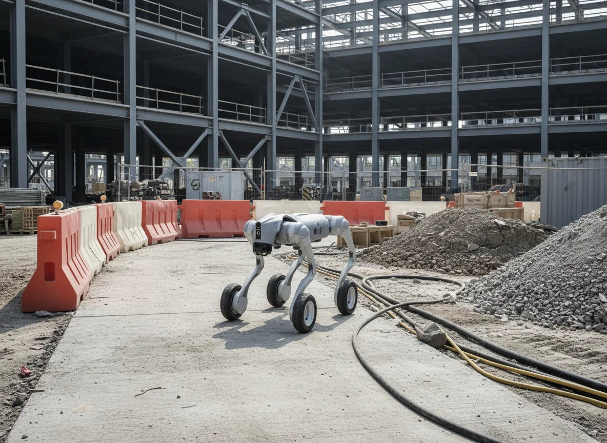 Unitree Go2-W Hybrid-Roboterhund bei der effizienten Infrastrukturkontrolle und Bauüberwachung.