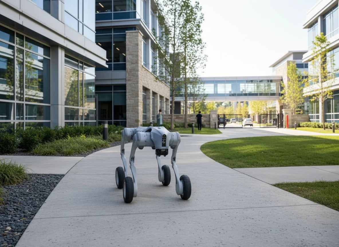 Autonomer Patrouillen-Roboter Unitree Go2-W zur effizienten Sicherung von Campus- und Facility-Arealen.