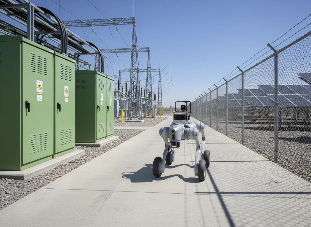 Unitree Go2W EDU Hybrid-Roboterhund bei der technischen Inspektion einer Energieanlage.