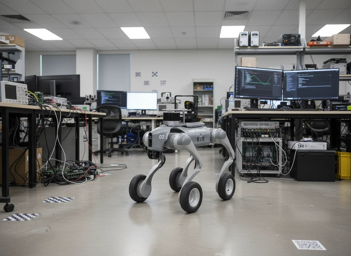 Unitree Go2W EDU Forschungsplattform für die Entwicklung von KI und Robotik in R&D-Laboren.