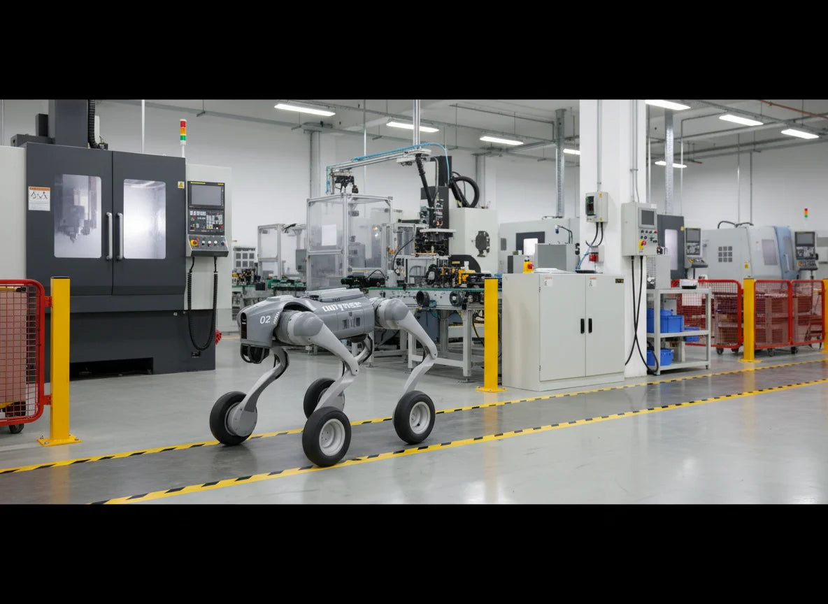 Unitree Go2W EDU Roboterhund zur automatisierten Industrieinspektion und Instandhaltungsüberwachung.