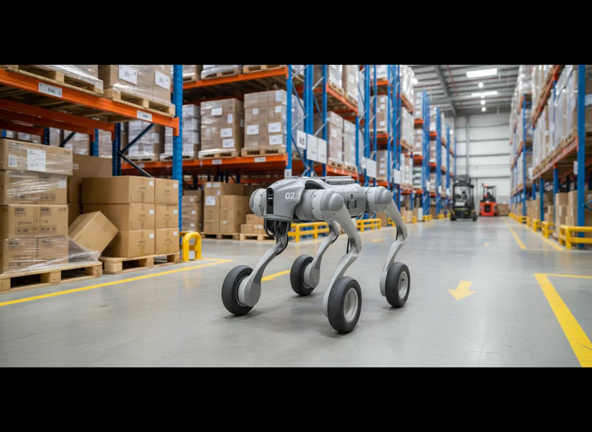 Hybrider Transportroboter Unitree Go2W EDU zur Logistikinspektion und Sicherheitskontrolle im Lager.