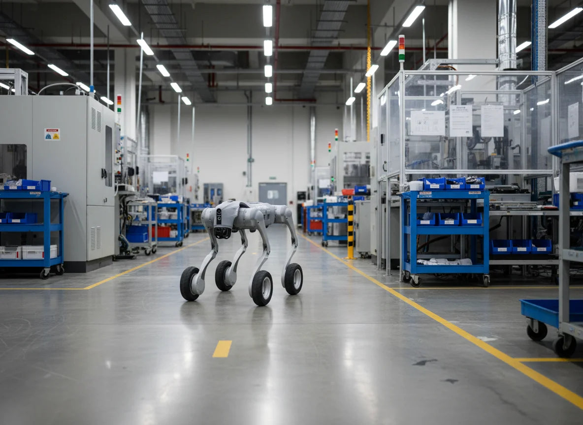 Unitree Go2-W Inspektionsroboter im Einsatz zur Überwachung von Produktionshallen und Industrieanlagen.