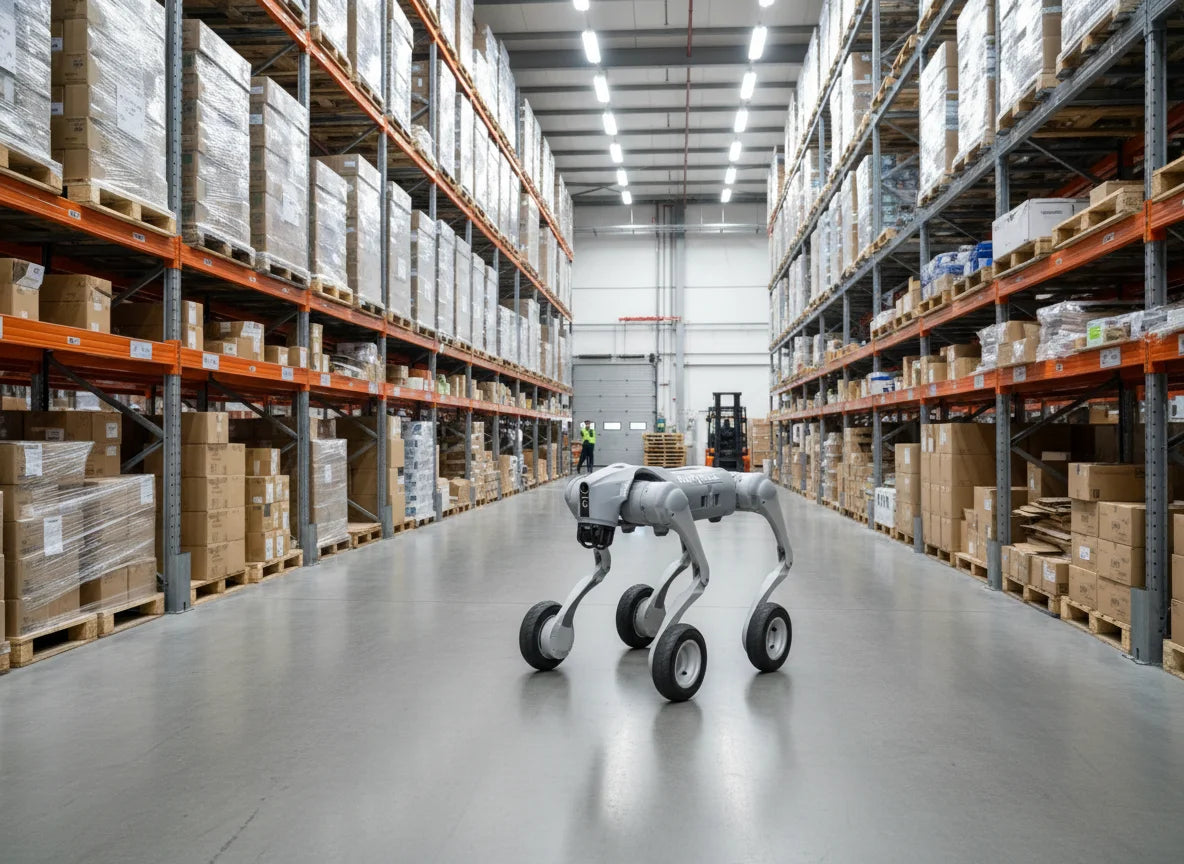 Unitree Go2-W Roboterhund zur schnellen Logistiküberwachung und automatisierten Kontrolle in Lagerbereichen.