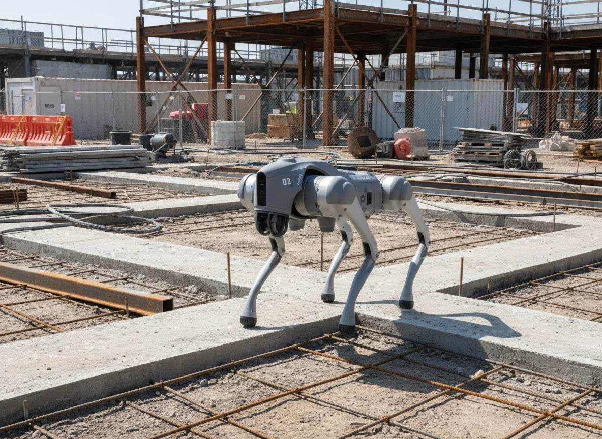 Unitree Go2 EDU Roboterhund bei der Geländeinspektion und autonomen ÜberwachunUnitree Go2 X Roboterhund bei der Geländeinspektion und autonomen Überwachung auf einer Baustelle.g auf einer Baustelle.