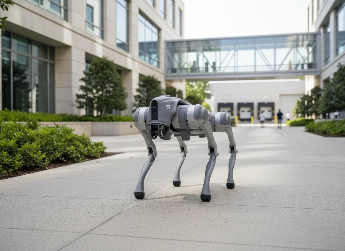Unitree Go2 X Roboterhund bei einer autonomen Patrouille auf einem Campus- und Facility-Gelände.