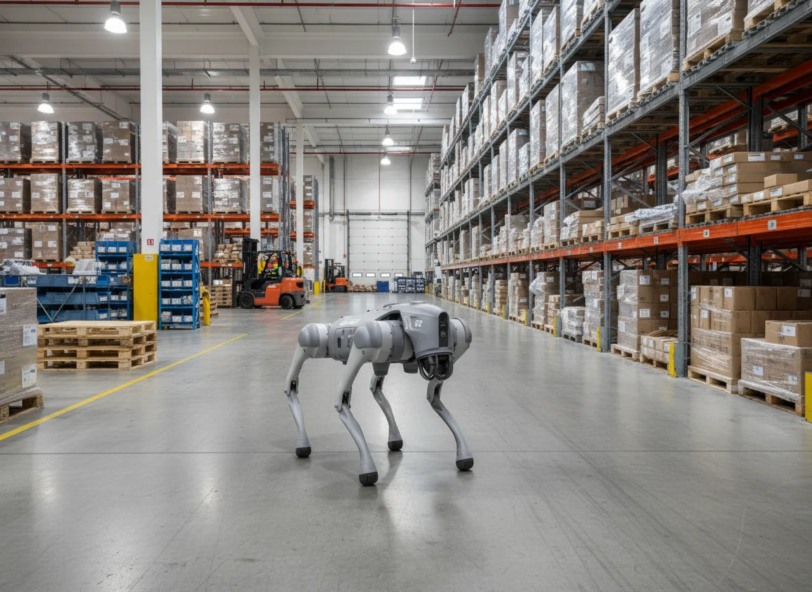 Unitree Go2 X Roboterhund bei der Lagerkontrolle und Logistiküberwachung in einer Lagerhalle.