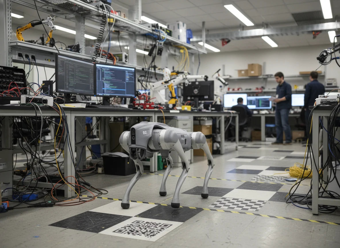 Unitree Go2 X Roboterhund im Robotiklabor für Forschung, Entwicklung und KI-Tests.