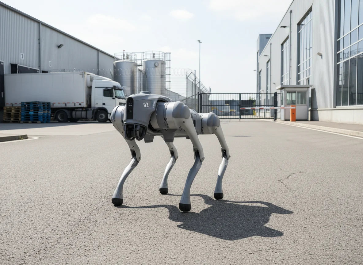 Unitree Go2 X Roboterhund bei einem Sicherheitsrundgang auf einem modernen Werksgelände.