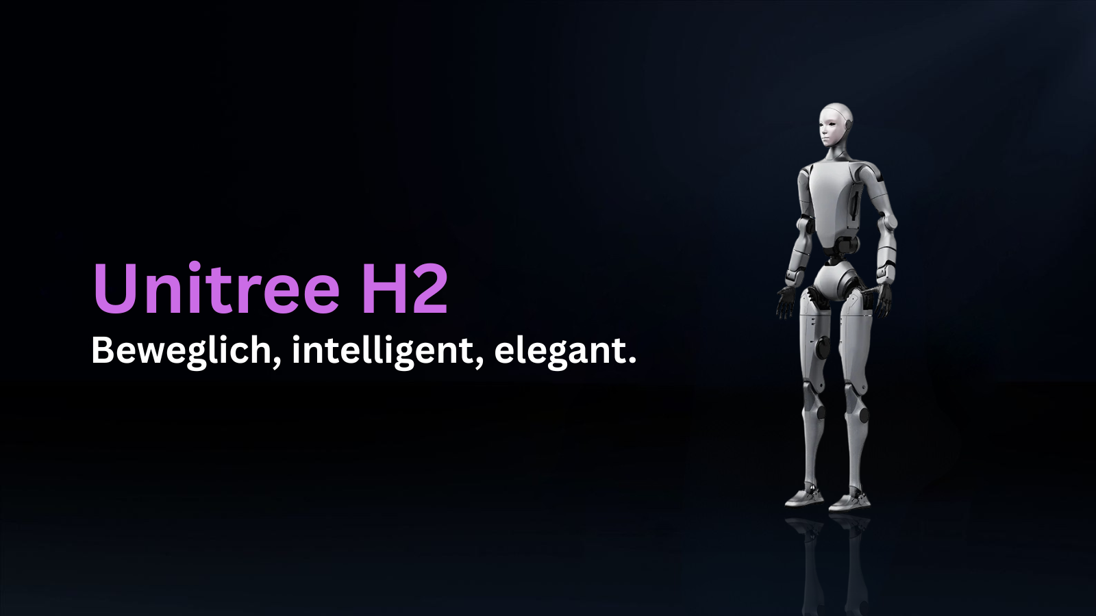 Humanoider Roboter Unitree H2 auf dunklem Produktbanner beweglich, intelligent, elegant für Forschung und Industrie