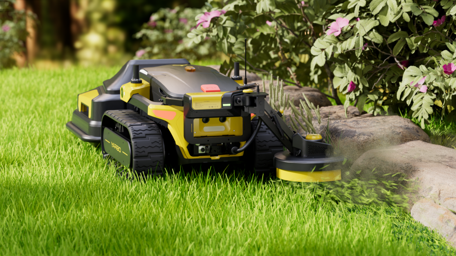 Yarbo Trimmer Module bei der autonomen Rasenkantenpflege entlang von Steinen und Gartenbeet.