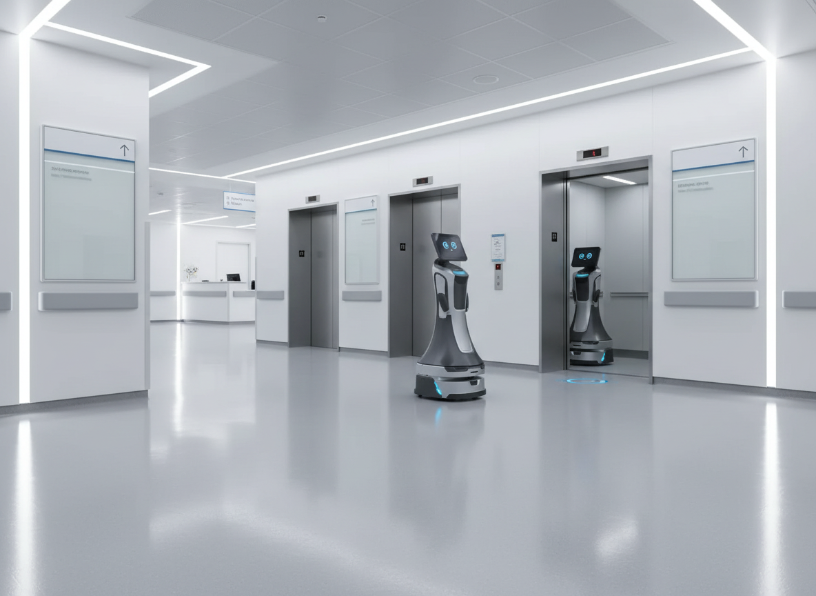 Serviceroboter im Aufzugsbereich einer Klinik zur Besucherinformation und Orientierung.