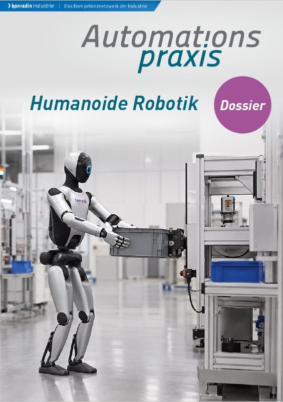 Cover des Automationspraxis-Dossiers Humanoide Robotik mit einem humanoiden Roboter von Terra Robotics in einer Produktionsumgebung