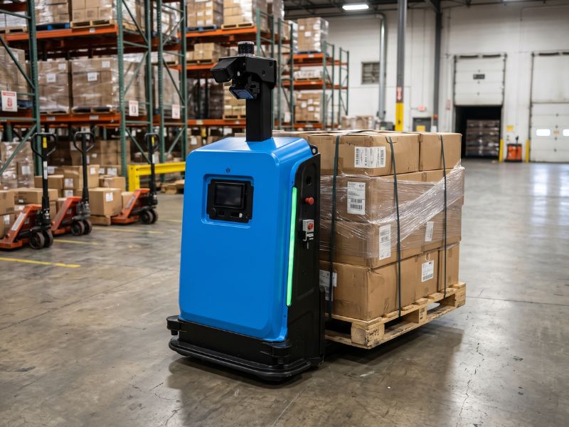AutoXing forklift robot autonomously transporting a pallet in a modern logistics center