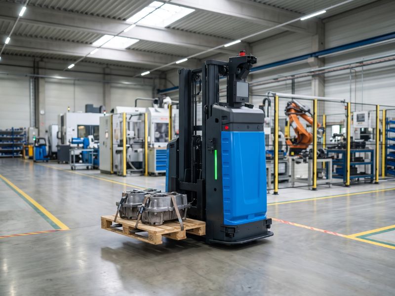 AutoXing forklift robot autonomously transporting a pallet at a logistics company’s receiving area