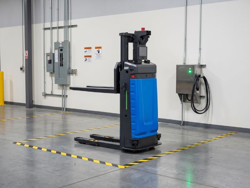 AutoXing forklift robot during automated goods transport in a distribution center