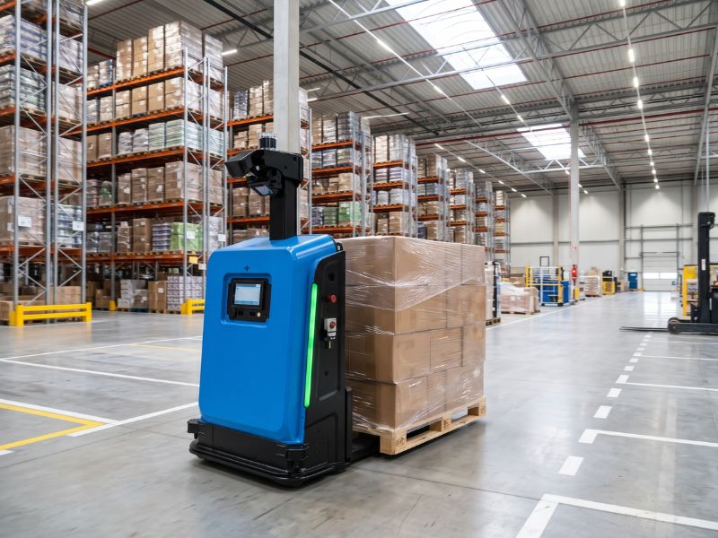 AutoXing transport robot autonomously transporting pallets in an e-commerce fulfillment center