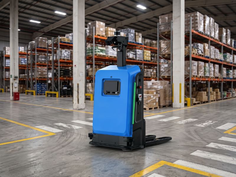AutoXing forklift robot autonomously transporting components in a modern production facility