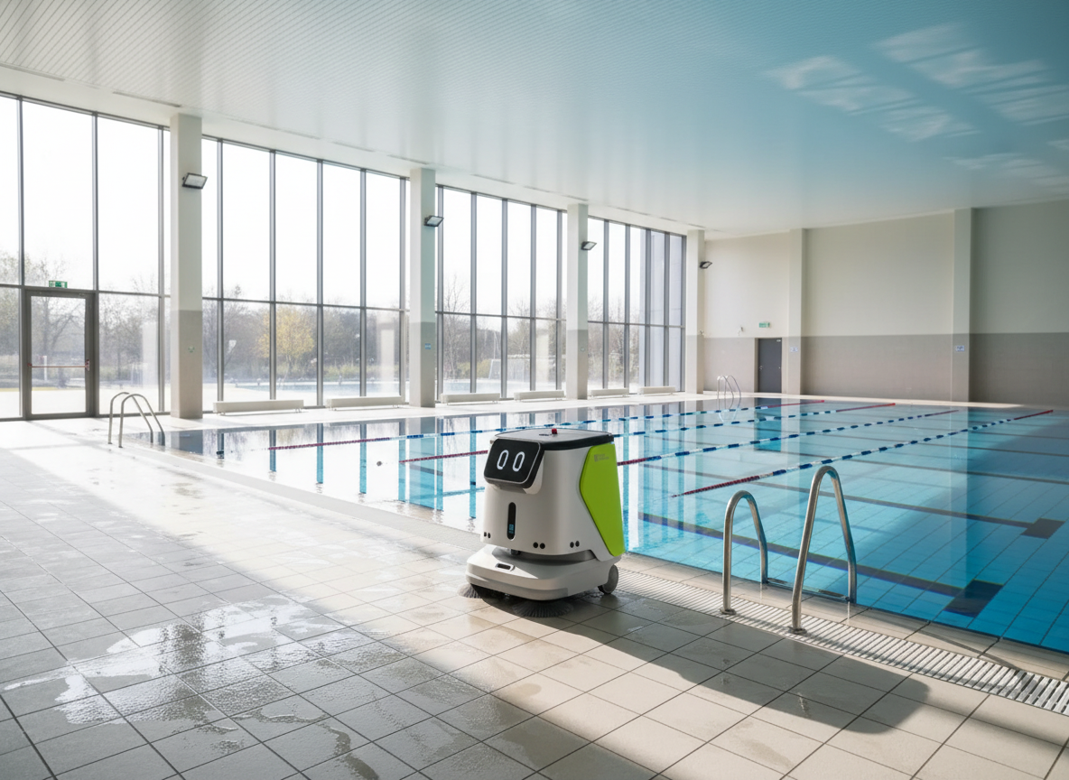 Autonomer Reinigungsroboter PUDU CC1 bei der Fliesenreinigung in einem Hallenbad – Terra Robotics.