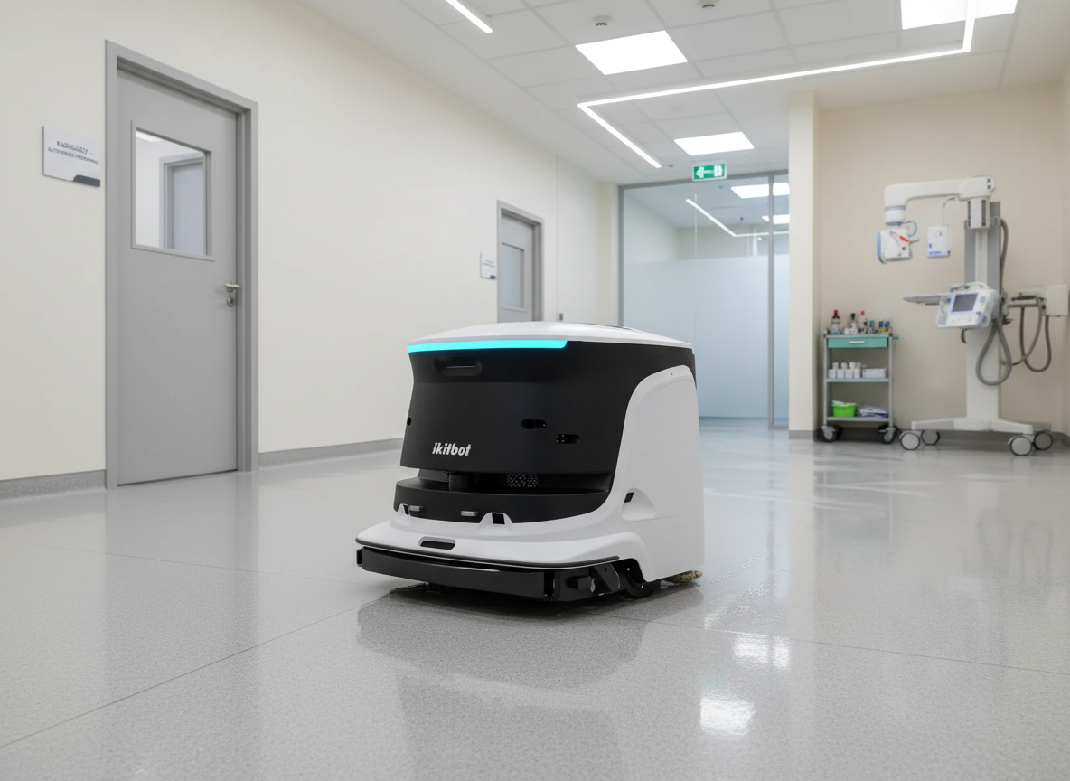 IKITBOT S55 Pro Reinigungsroboter bei der autonomen Bodenreinigung in einem Behandlungsraum mit Hygienezone.
