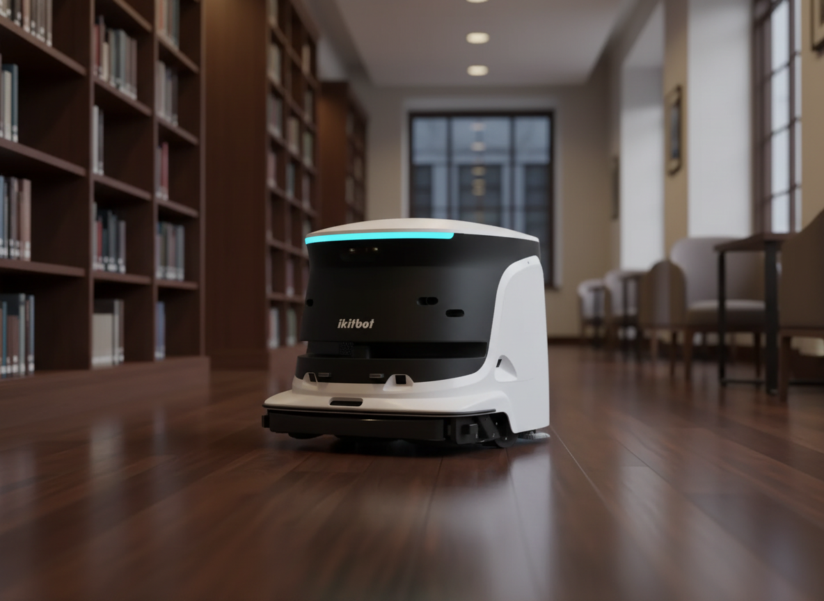 IKITBOT S55 Pro Reinigungsroboter bei der autonomen Bodenreinigung in einer Bibliothek.