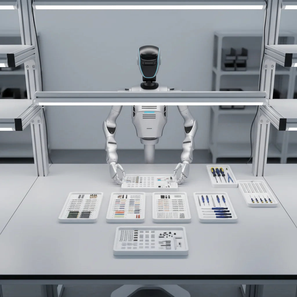 DOBOT Atom humanoider Roboter sortiert und erfasst Bauteile zur Optimierung der Intralogistik und Montage.