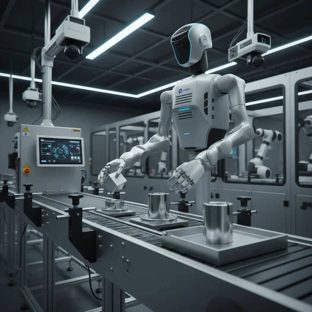 DOBOT Atom humanoider Roboter bei der Datenerfassung und Qualitätskontrolle am Fließband einer Smart Factory.