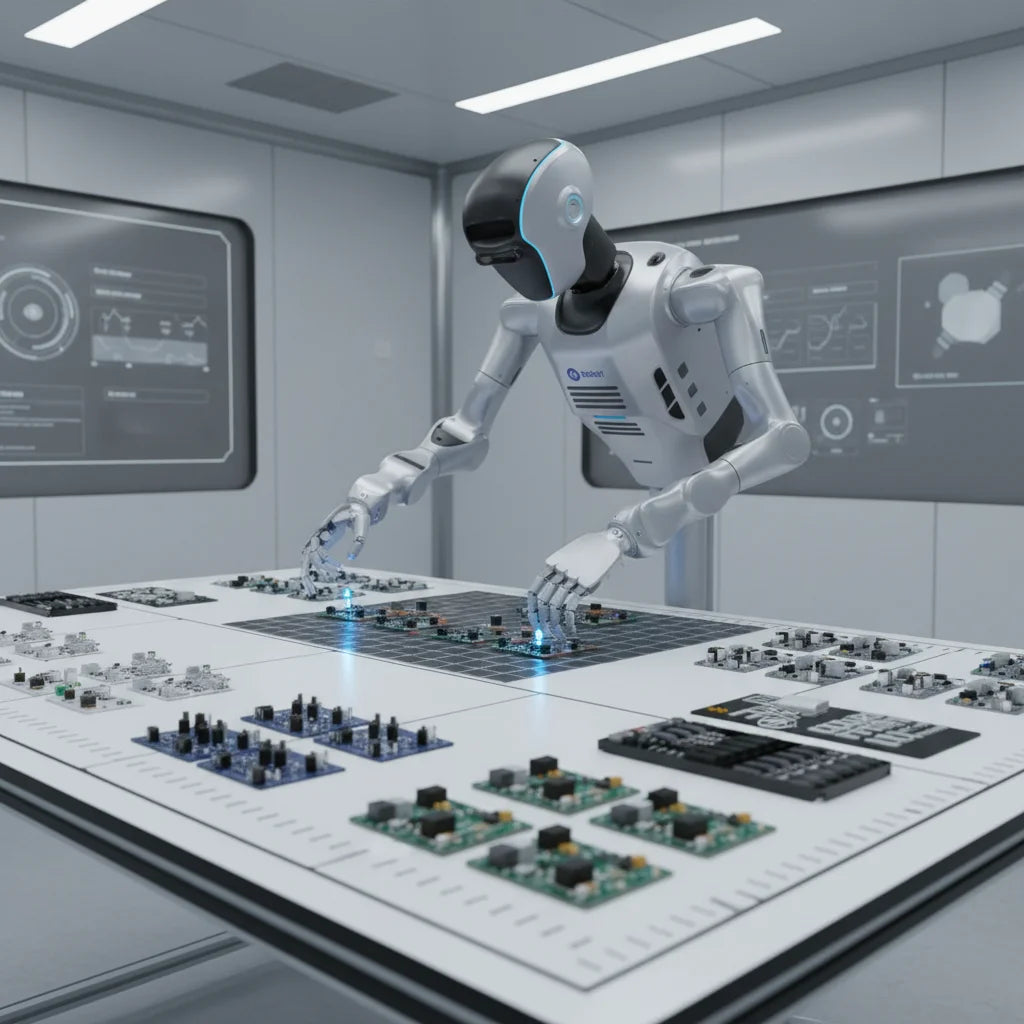 DOBOT Atom humanoider Roboter analysiert elektronische Bauteile zur Qualitätssicherung und Prozessdatenoptimierung.