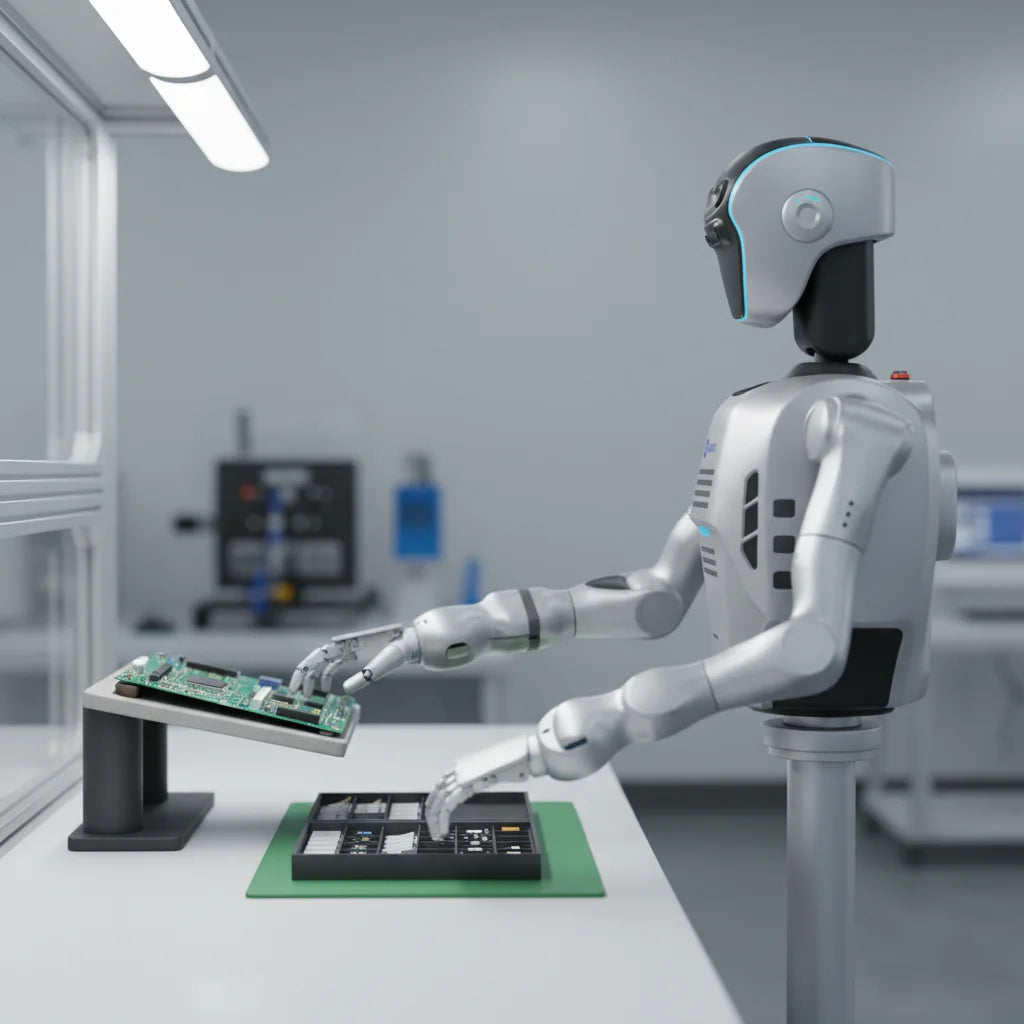 DOBOT Atom humanoider Roboter bei der visuellen Inspektion und Datenaufnahme einer Leiterplatte.