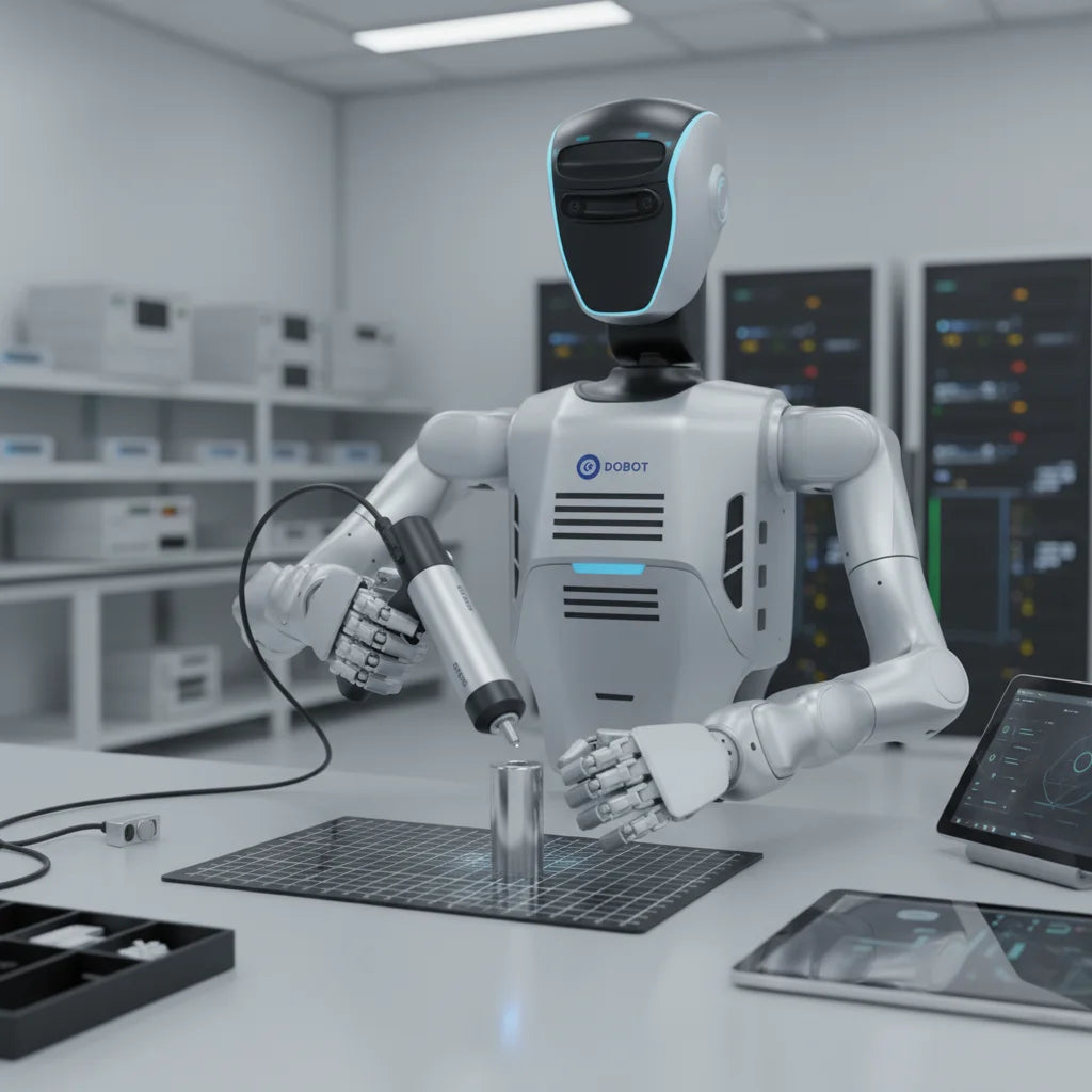 DOBOT Atom humanoider Roboter bei präzisen Messaufgaben und der Datenerfassung im Prüflabor.