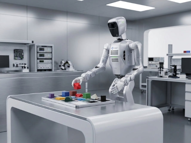 DOBOT Atom W humanoider Roboter bei der KI-gestützten Erkennung und Manipulation verschiedener Objekte in einer Laborumgebung
