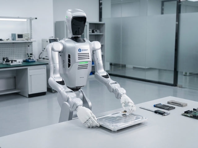 DOBOT Atom W humanoider Roboter bei der präzisen beidhändigen Manipulation und Handhabung von Bauteilen in einer Laborumgebung