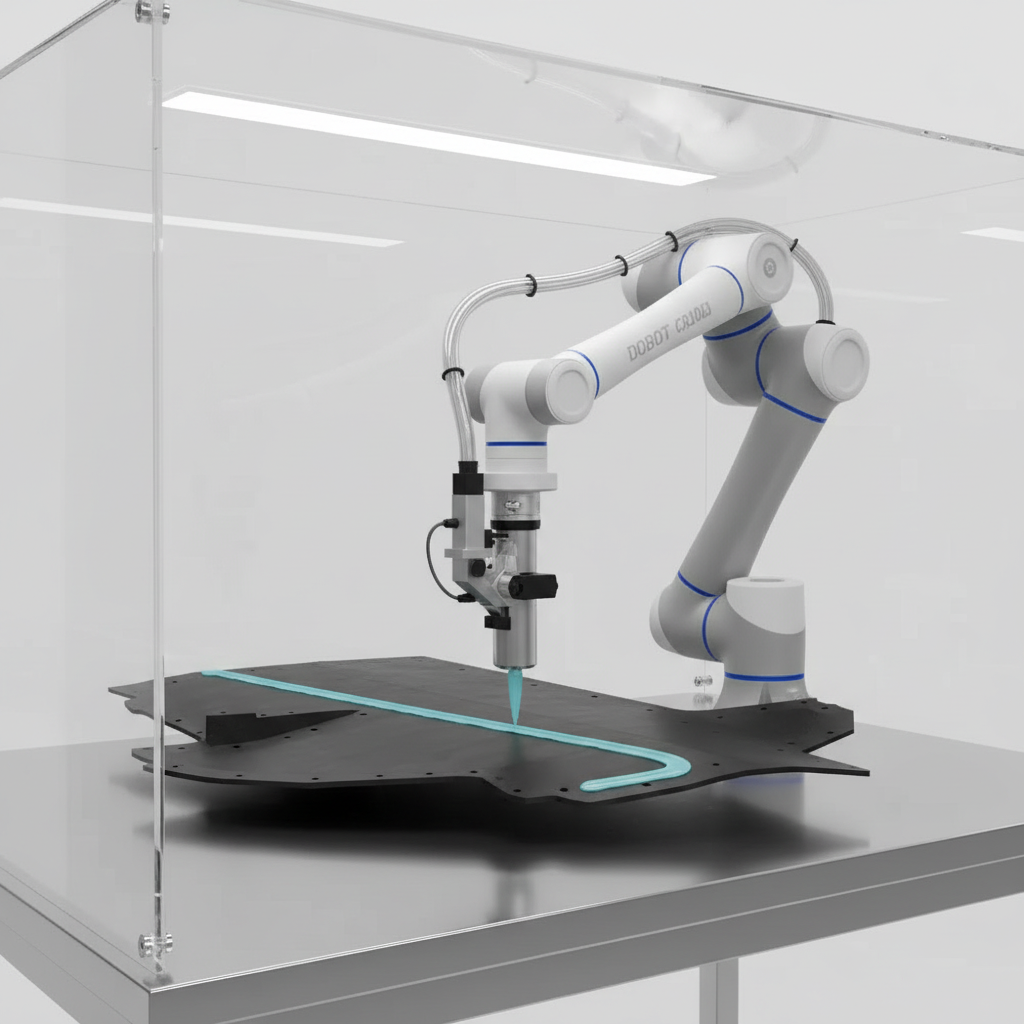 DOBOT CR10A mit weißer Schutzhülle für den Einsatz in hygienisch sensiblen Umgebungen oder der Lebensmittelindustrie.