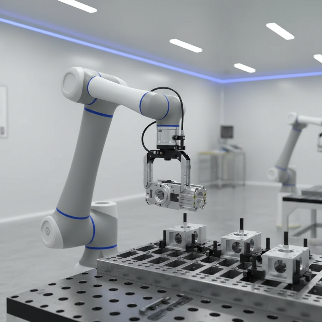 DOBOT CR10A kollaborativer Roboterarm bei einer Pick-and-Place Anwendung in der industriellen Montage.