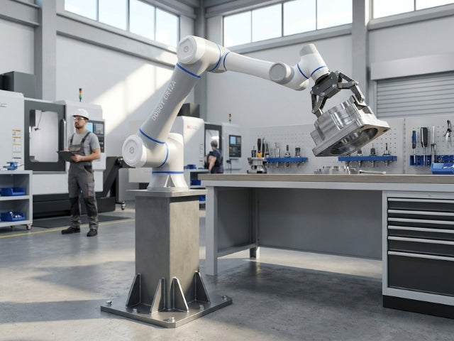 DOBOT CR12A Cobot mit 12 kg Traglast und 1200 mm Reichweite beim Handling eines Metallbauteils in der Fertigung