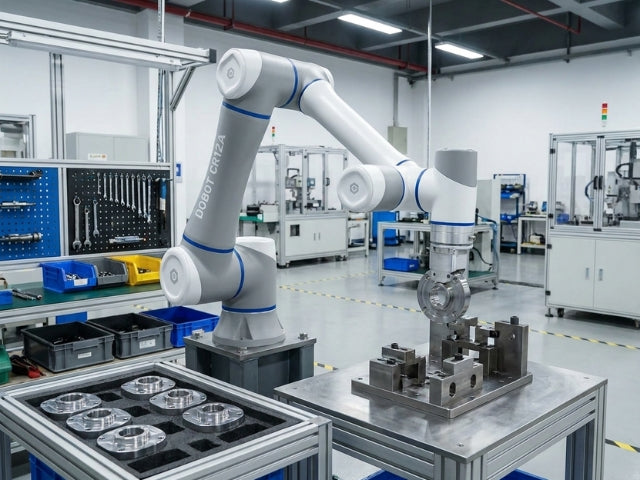 DOBOT CR12A Cobot beim präzisen Handling und Positionieren von Metallbauteilen in der industriellen Fertigung