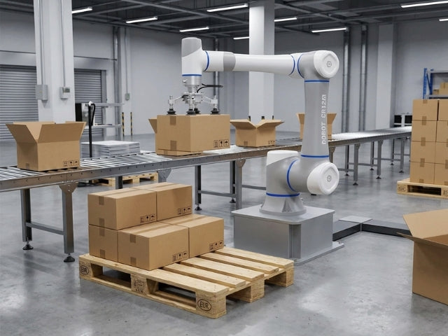 DOBOT CR12A beim automatisierten Stapeln von Kartons auf einer Palette