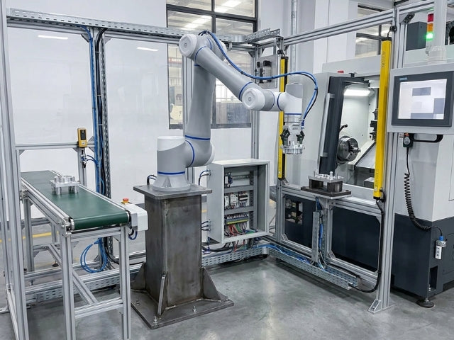 DOBOT CR12A Cobot bei der Integration in eine automatisierte Produktionsanlage mit Fördertechnik und CNC-Maschine
