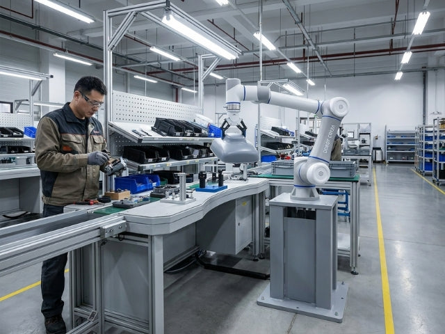 DOBOT CR12A Cobot bei der sicheren Mensch-Roboter-Kollaboration an einem industriellen Montagearbeitsplatz