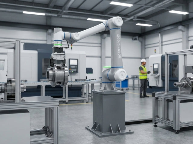 DOBOT CR20A Cobot mit 20 kg Traglast und 1700 mm Reichweite beim Handling eines schweren Metallbauteils