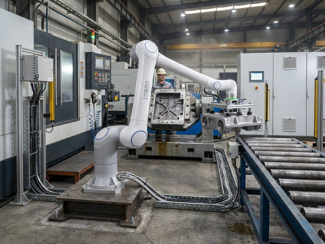DOBOT CR30H Cobot bei der Integration in eine automatisierte Produktionsanlage mit CNC-Maschine und Fördertechnik