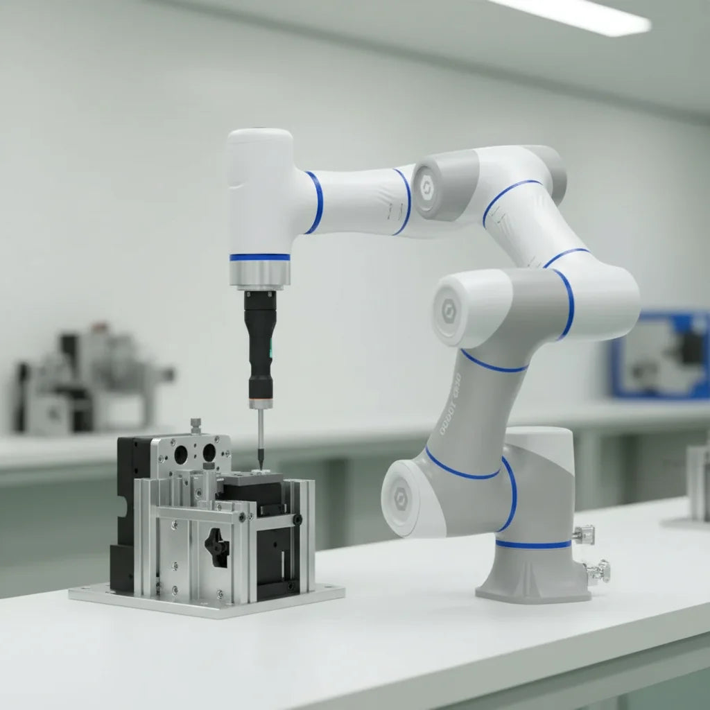 Automatisierte Qualitätskontrolle mit dem DOBOT CR3A durch präzise Kameraführung am Werkstück.