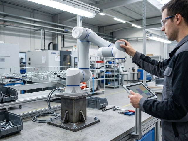 DOBOT CR7A Cobot bei der intuitiven Drag-to-Teach-Programmierung durch manuelles Führen des Roboterarms