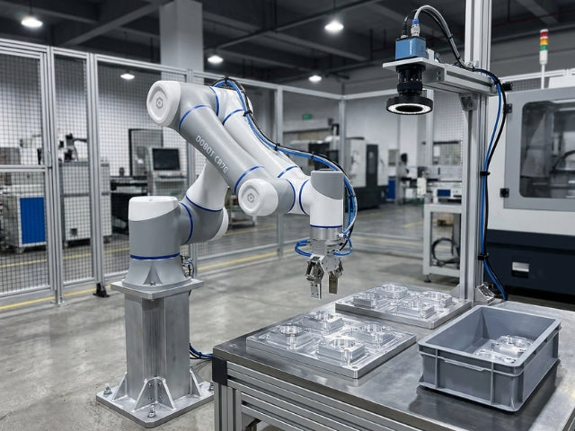 DOBOT CR7A mit Greifer und Kamerasystem in einer Automationszelle